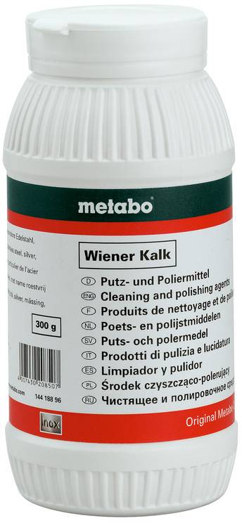 Ein weißer Metabo 'Wiener Kalk' Reinigungs- und Polierpulver-Behälter mit mehrsprachigen Etiketten und einer 300-g-Kennzeichnung.