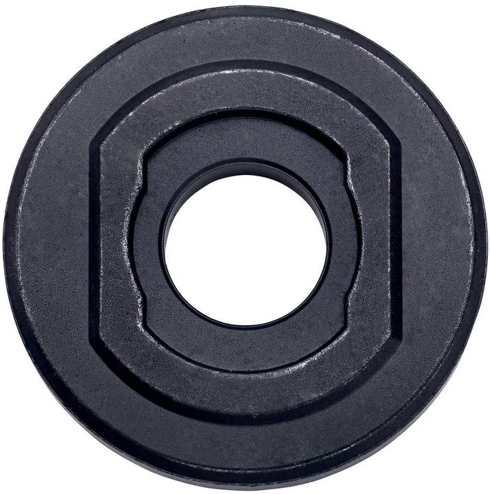 Schwarze kreisförmige Metallscheibe oder Ring mit einem großen mittigen Loch, gezeigt auf weißem Hintergrund.