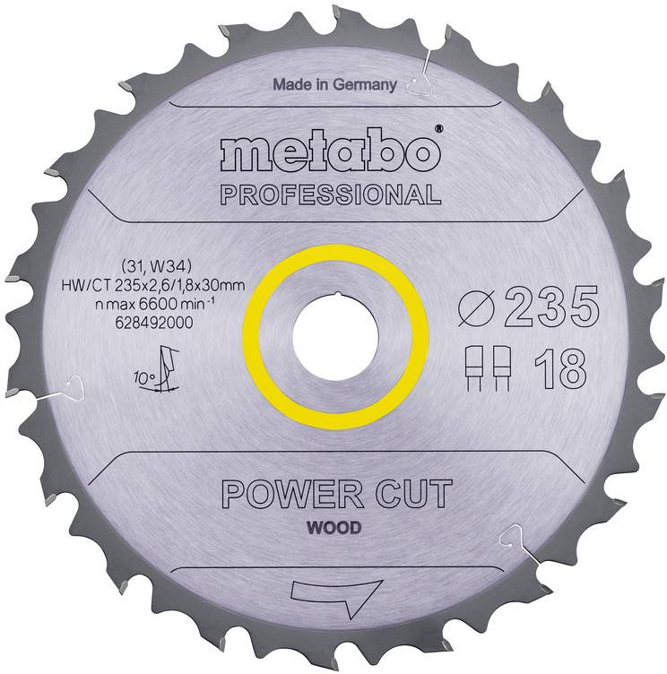 Metabo Professional Power Cut Holzsägeblatt, 235 mm Durchmesser mit 18 Zähnen und 30 mm Bohrung, frontal dargestellt.