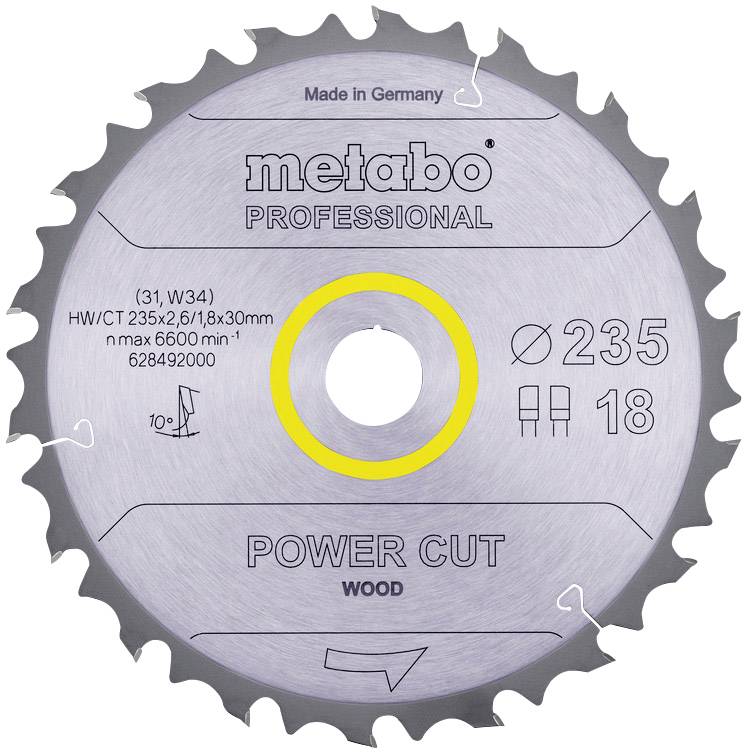 Kreissägeblatt der Marke Metabo Professional, Modell Power Cut für Holz, Durchmesser 235 mm, 18 Zähne, maximales Drehmoment 6600/min.