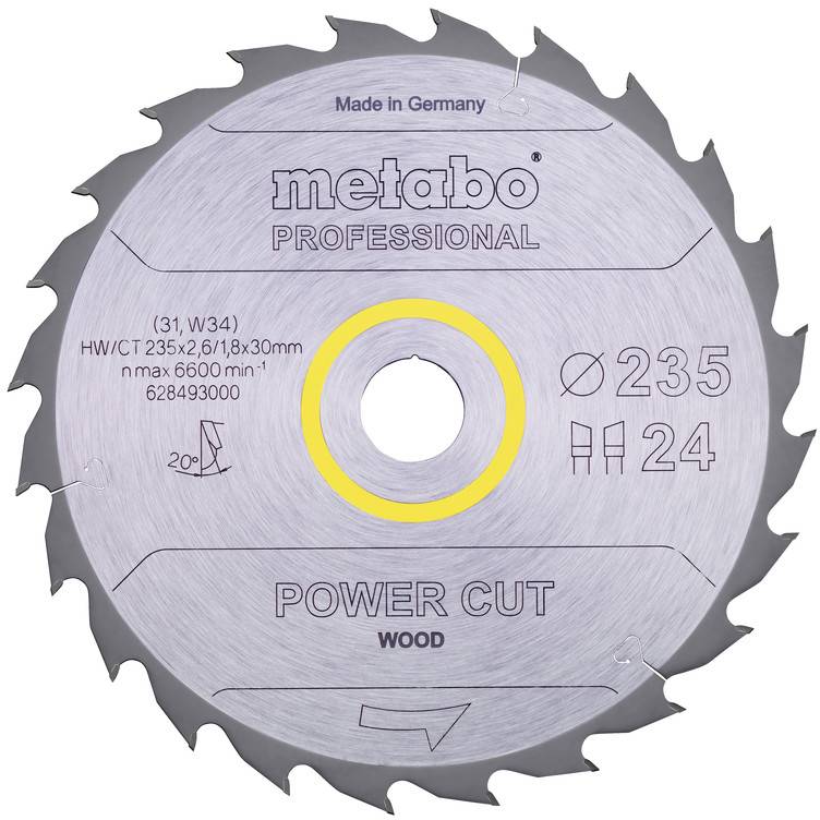 Metabo Professional Power Cut Holz-Kreissägeblatt, mit Durchmesser von 235 mm und 24 Zähnen gekennzeichnet, mit gelb hervorgehobenem Mittenloch.