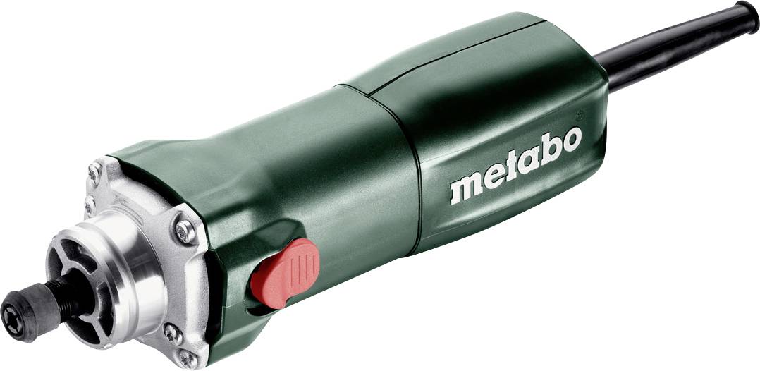 Grüner Metabo Elektroschlifer mit rotem Schalter und angebrachtem Schleifbit auf weißem Hintergrund