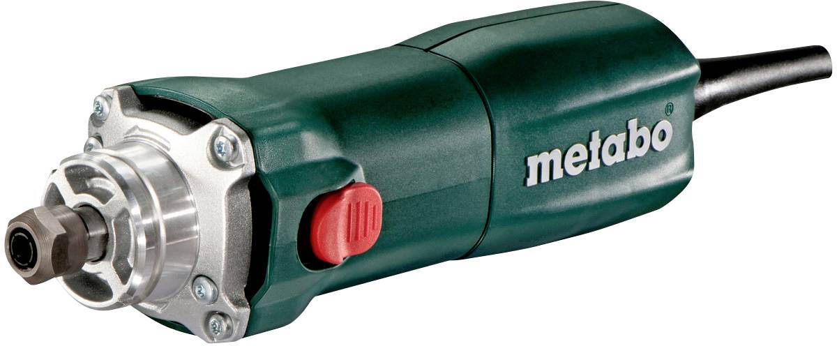 Elektrowerkzeug mit grünem Gehäuse und rotem Schalter. Marke 'Metabo' sichtbar. Geeignet zum Schneiden oder Schleifen von Materialien.