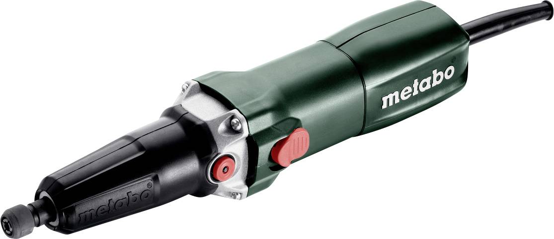 Grüner und schwarzer Metabo elektrischer Elektroschleiffer mit schwarzem Aufsatz und rotem Schalter, dargestellt auf weißem Hintergrund.