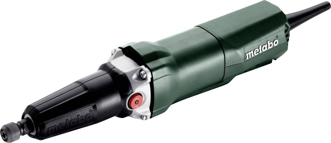 Grüner und schwarzer Elektroschleifsatz von Metabo mit zylindrischem Gehäuse und angebrachtem Werkzeugbit auf weißem Hintergrund
