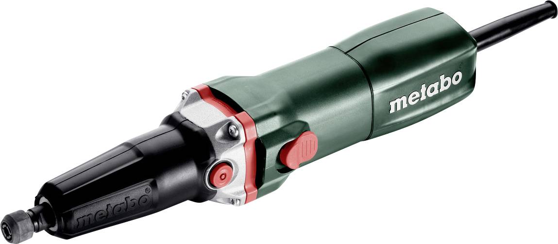 Elektroschlifer mit grünem Metabo-Gehäuse, schwarzer Nase und Kabel, auf weißem Hintergrund dargestellt.