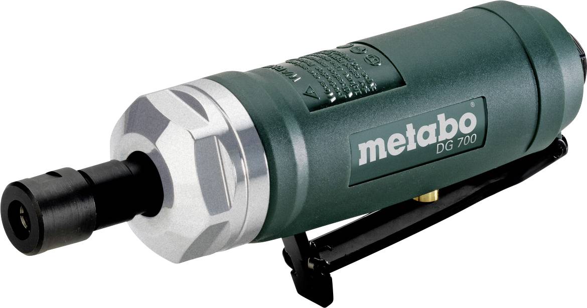 Grüner Metabo DG 700 Winkelschleifer mit schwarzem Spannzange und silberfarbenem Frontgehäuse, gezeigt auf weißem Hintergrund.