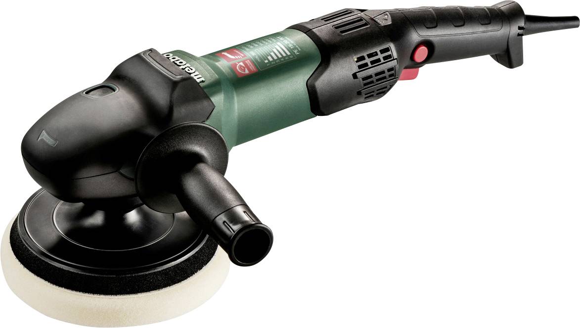 Elektrischer tragbarer Rotationspuffer/Poliermaschine mit Seitengiff und Schaumstoff-Poliertuch auf weißem Hintergrund.