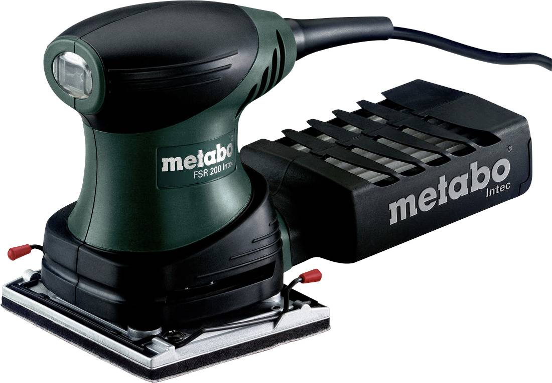Foto eines Metabo-Elektroschleifers mit Staubbox und Stromkabel, auf weißem Hintergrund dargestellt.