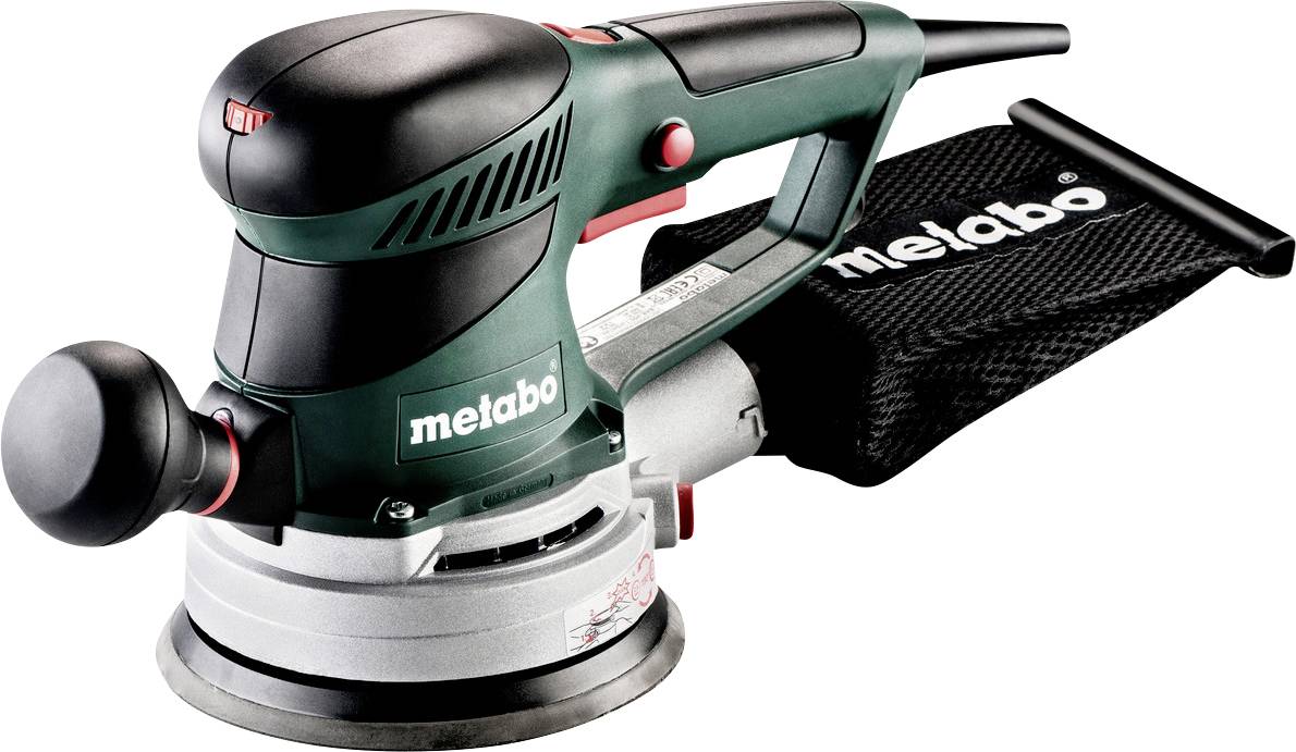 Metabo elektrischer Zufallsorbitalschlifer mit Staubsack und schwarzem Seitengriff auf weißem Hintergrund.