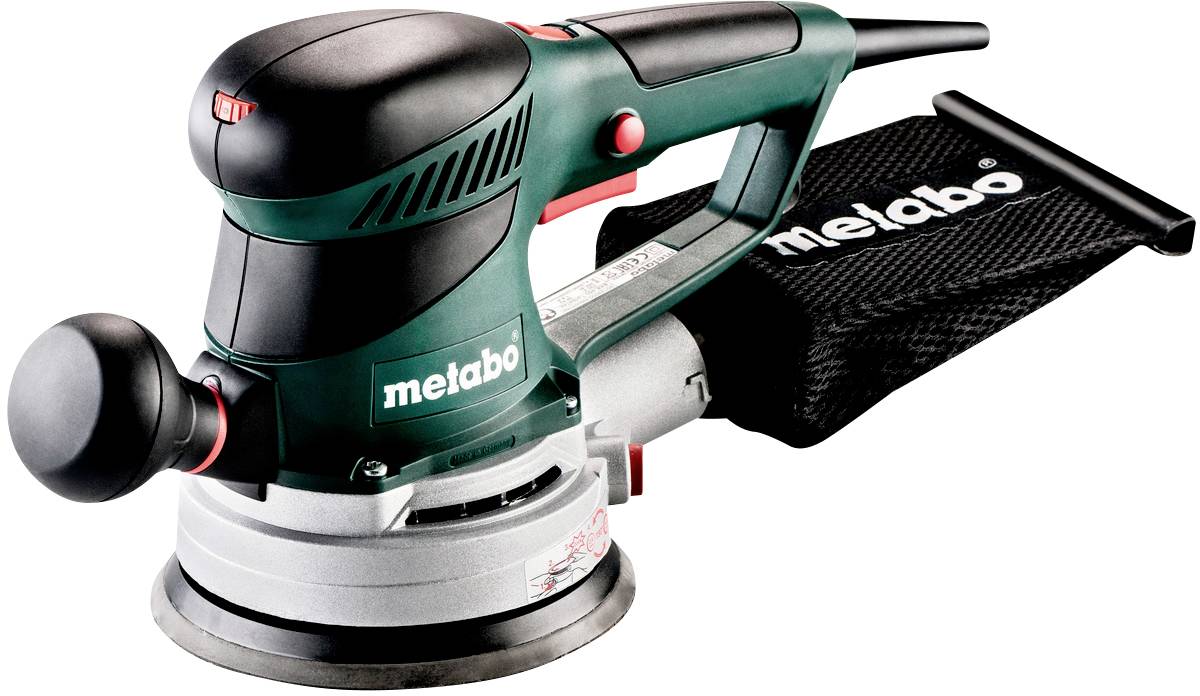 Eine grüne Metabo Schwingschleifmaschine mit Staubfangsack, geeignet für verschiedene Schleifarbeiten auf Holzoberflächen.