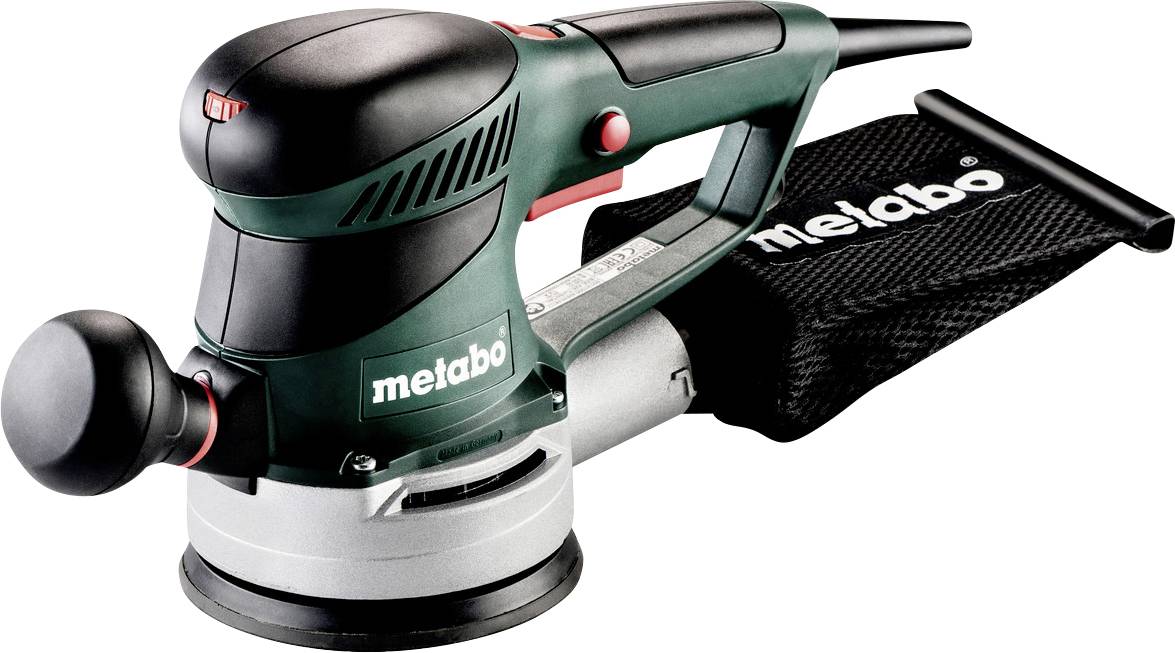 Grüne Metabo-Elektro-Exzenterschleifer mit schwarzem Staubbeutel und Seithengriff auf weißem Hintergrund.