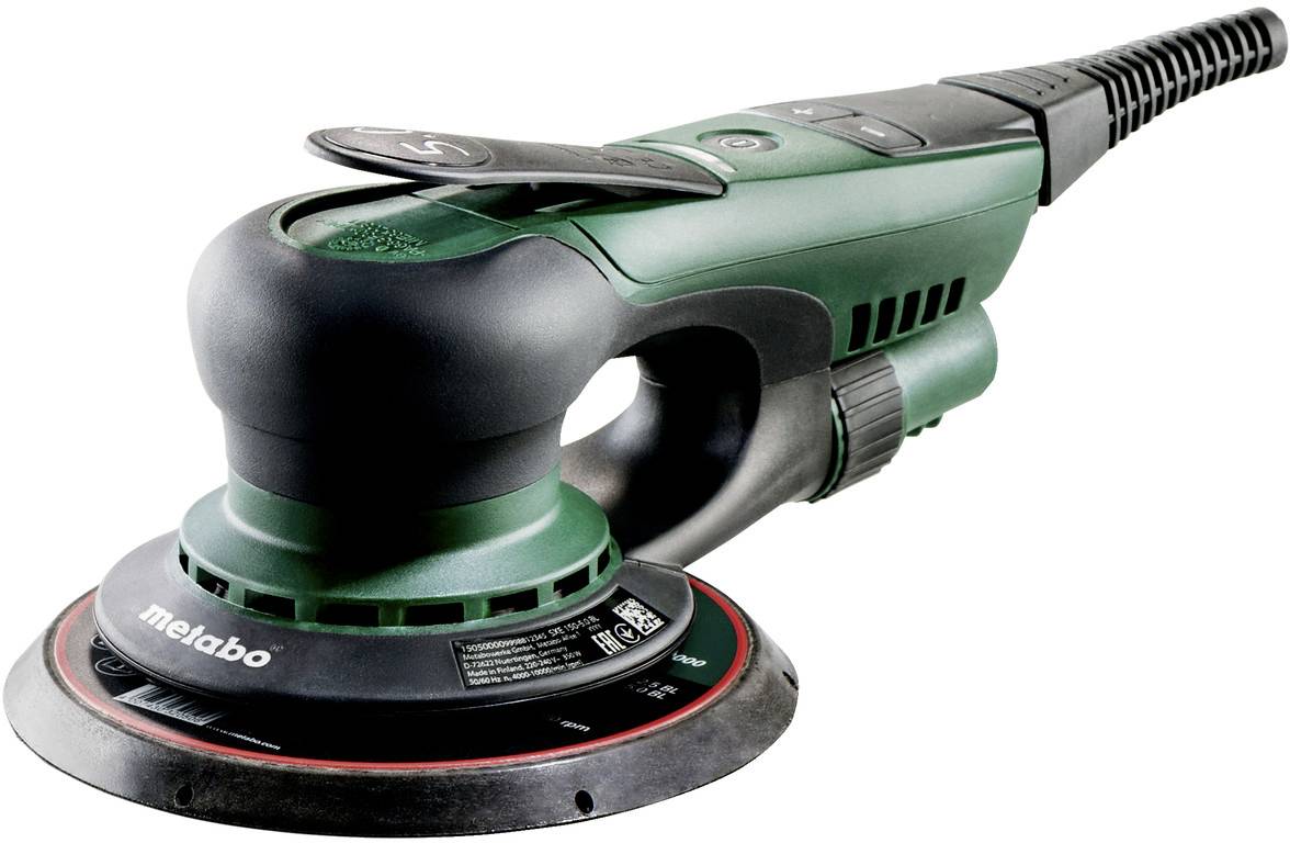 Grüner und schwarzer tragbarer Elektroschliff-Elektroschliff von Metabo mit rundem Schleifteller und Stromkabel auf weißem Hintergrund.