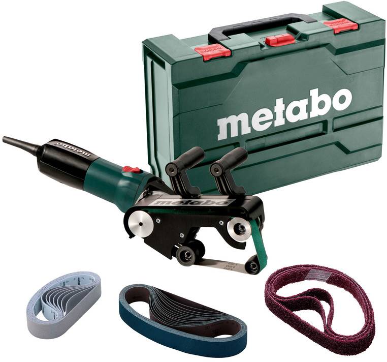 Metabo Schleifband-Feile-Schleifer-Set mit Transportkoffer und drei Schleifbändern in verschiedenen Körnungen.