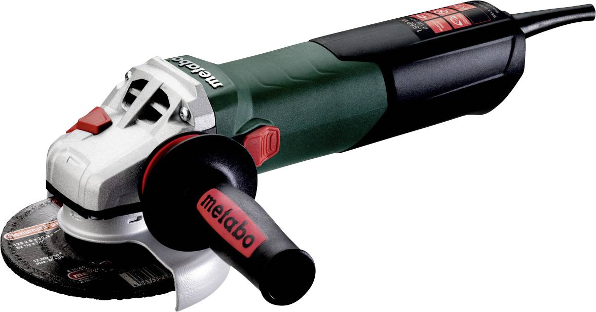 Kabelloses Winkelschleifer mit schwarzem Schneideschleifer und Seitenhalt, grünes und schwarzes Metabo Elektrowerkzeug auf weißem Hintergrund.