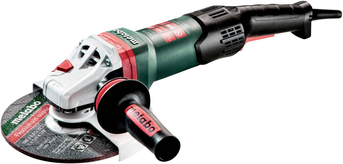 Winkelschleifer mit rotem und schwarzem Handgriff, grüner Abdeckung und Metabo-Logo. Geeignet zum Schneiden und Schleifen.