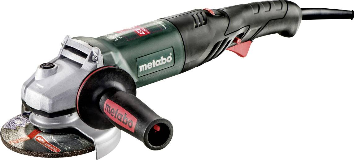 Metabo Winkelschleifer mit Stromkabel, Seitenschliff und Schneidscheibe auf weißem Hintergrund.