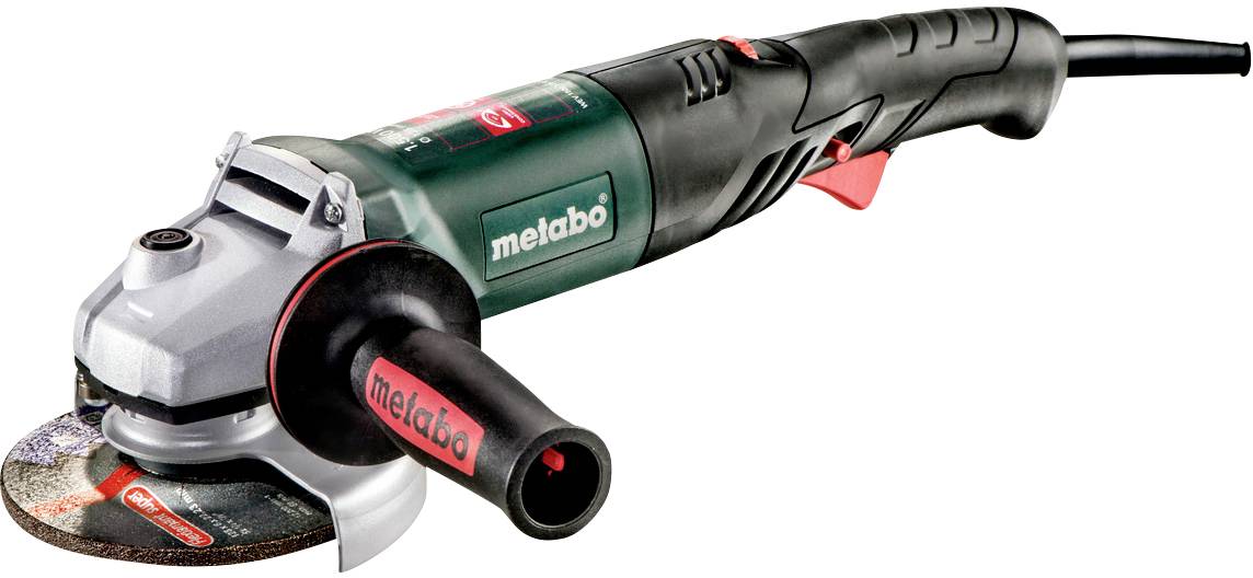 Ein elektrischer Winkelschleifer mit Griff, Metabo-Logo sichtbar. Hauptsächlich für Schleifen und Schneiden von Materialien verwendet.