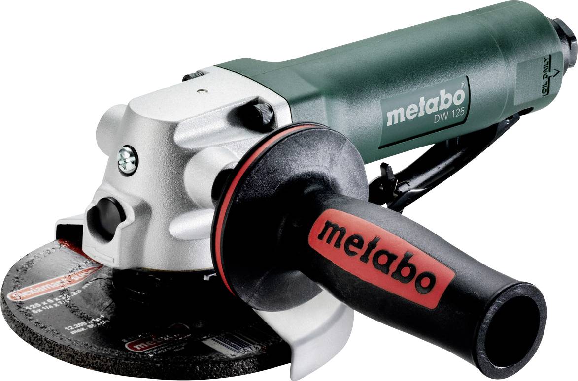 Metabo DW 125 Winkelschleifer mit grünem Gehäuse, schwarzem Seitengriff und Schleifscheibe auf weißem Hintergrund.