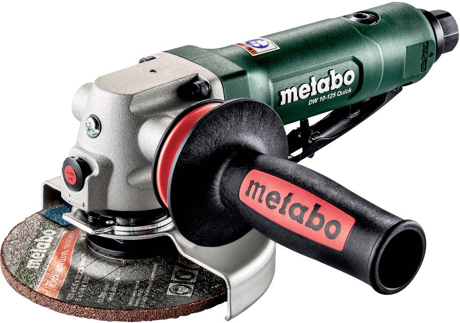 Winkelschleifer von Metabo mit grünem Gehäuse und schwarzem Griff, Modell DW 10-125 Quick, mit montierter Schleifscheibe.