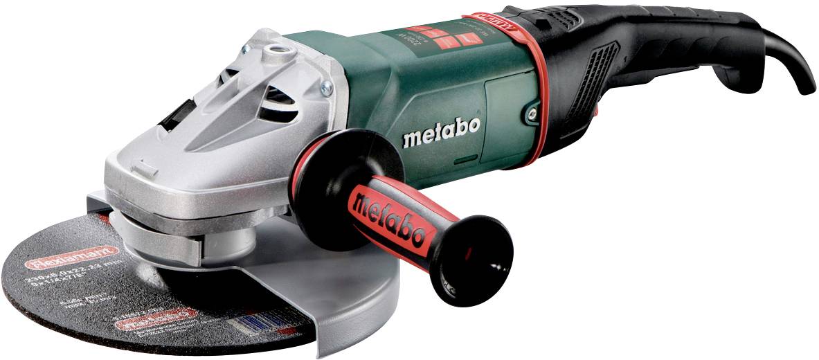 Eine grüne und schwarze Winkelschleifmaschine der Marke Metabo mit rotem Griff, geeignet für das Trennen und Schleifen von Materialien.
