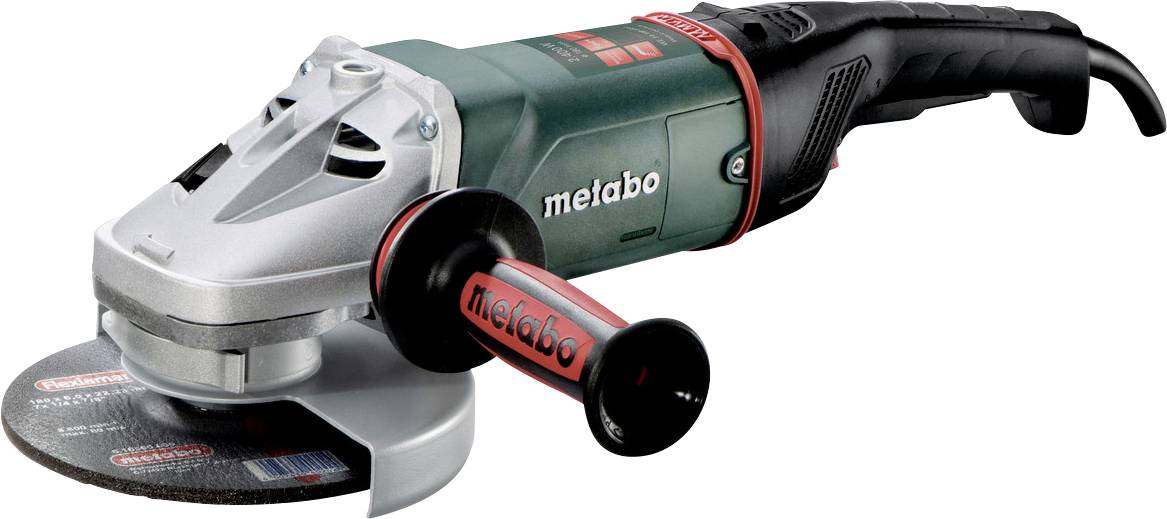 Metabo Elektro-Winkelschleifer mit Seitengriff und angebrachter Schneidescheibe auf weißem Hintergrund.