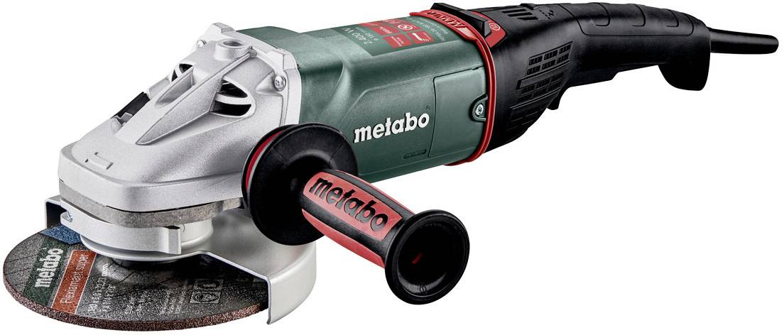 Ein Metabo Elektroschleifers mit angebrachter Schleifscheibe und Seitengriff, gezeigt auf weißem Hintergrund.
