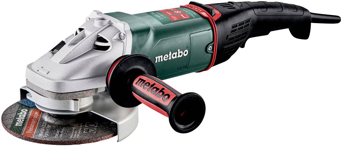 Winkelschleifer von Metabo mit rotem Handgriff und Schleifscheibe. Elektrogerät zur Bearbeitung von Metall- und Steinoberflächen.