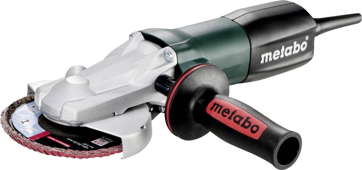 Metabo Winkelschleifer mit angebrachter Schleifscheibe und Seitengriff, gezeigt auf weißem Hintergrund.