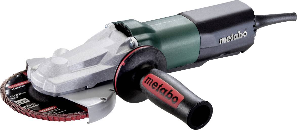 Winkelschleifer mit Trennscheibe und Seitenschliff, dargestellt auf weißem Hintergrund mit „metabo
