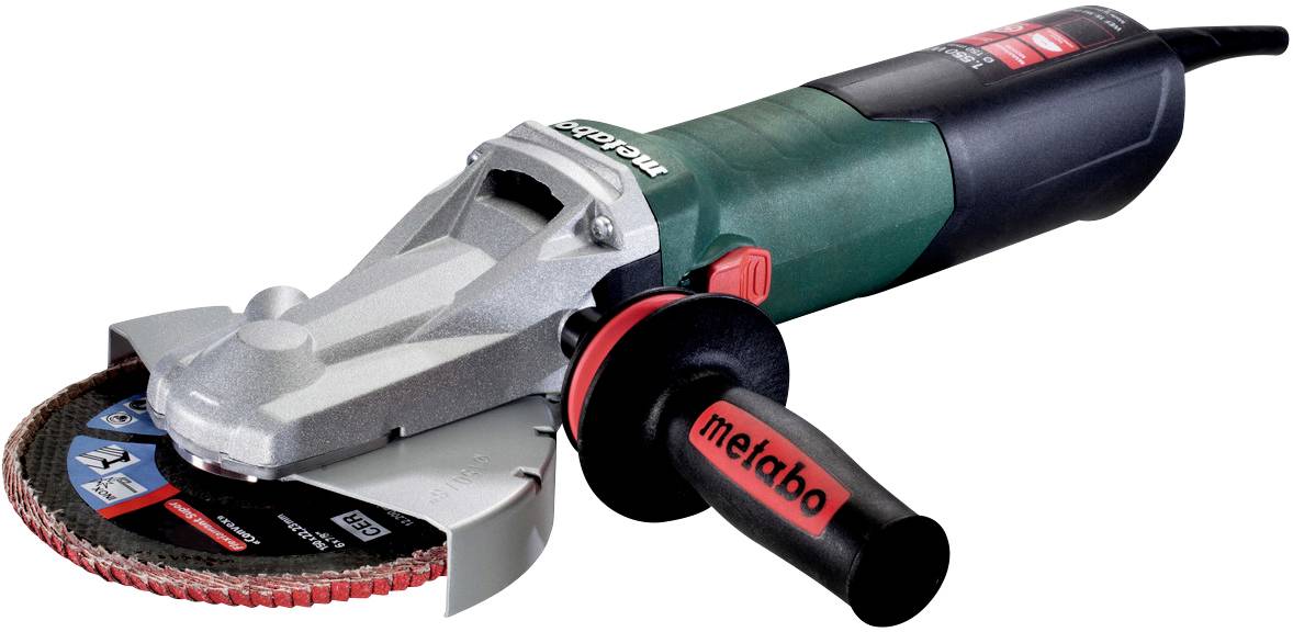 Eine elektrische Winkelschleifmaschine in Grün und Schwarz mit rotem Griff. Markenname ist sichtbar am Griff.