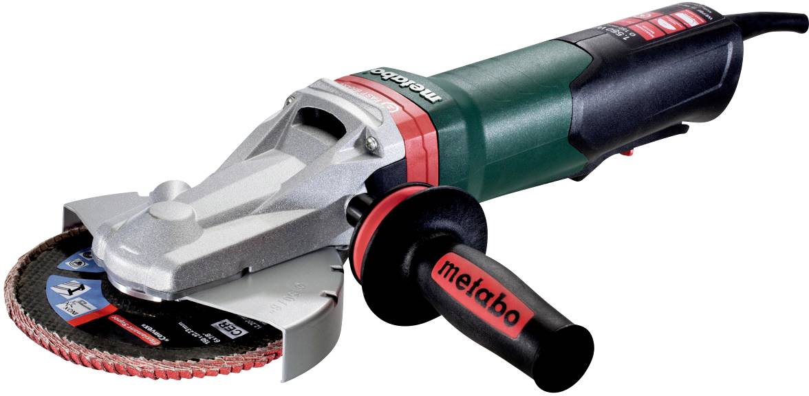 Eine grüne und schwarze Winkelschleifmaschine mit rotem Griff und Scheibe, geeignet für Metallbearbeitung, von der Marke Metabo.