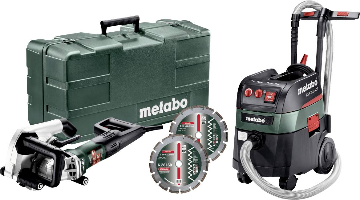 Metabo Elektrowerkzeug-Set: Ein grüner Transportkoffer, eine kabellose Säge, zwei Kreissägeblätter und ein fahrbarer Staubextraktions-Staubsauger.