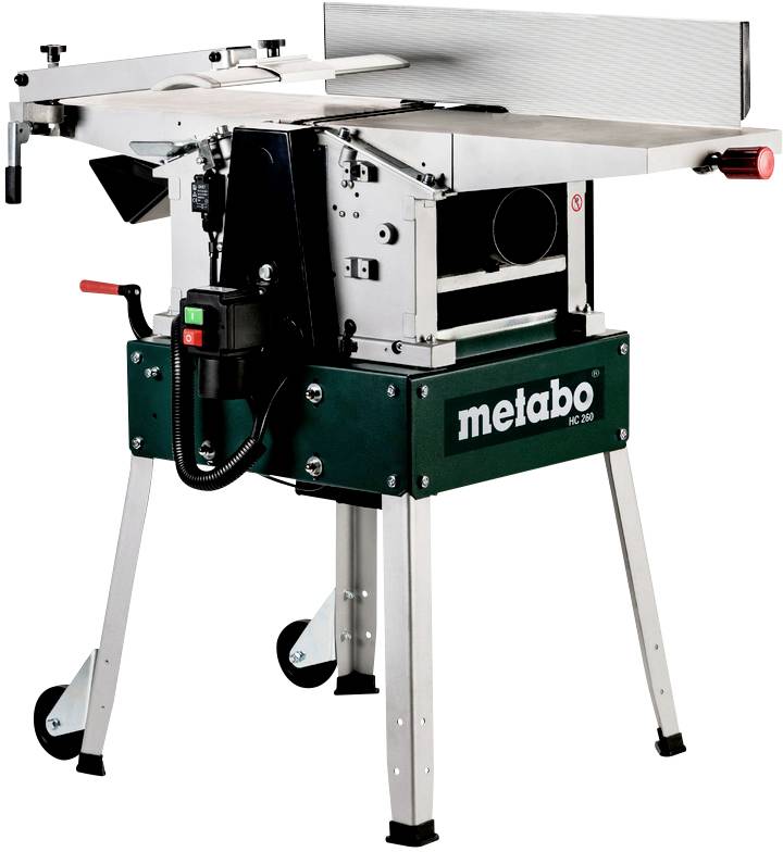 Elektrische Hobelmaschine auf robustem Metallgestell mit grünem Gehäuse. Markenlogo 'Metabo' sichtbar. Funktion: Holzverarbeitung.