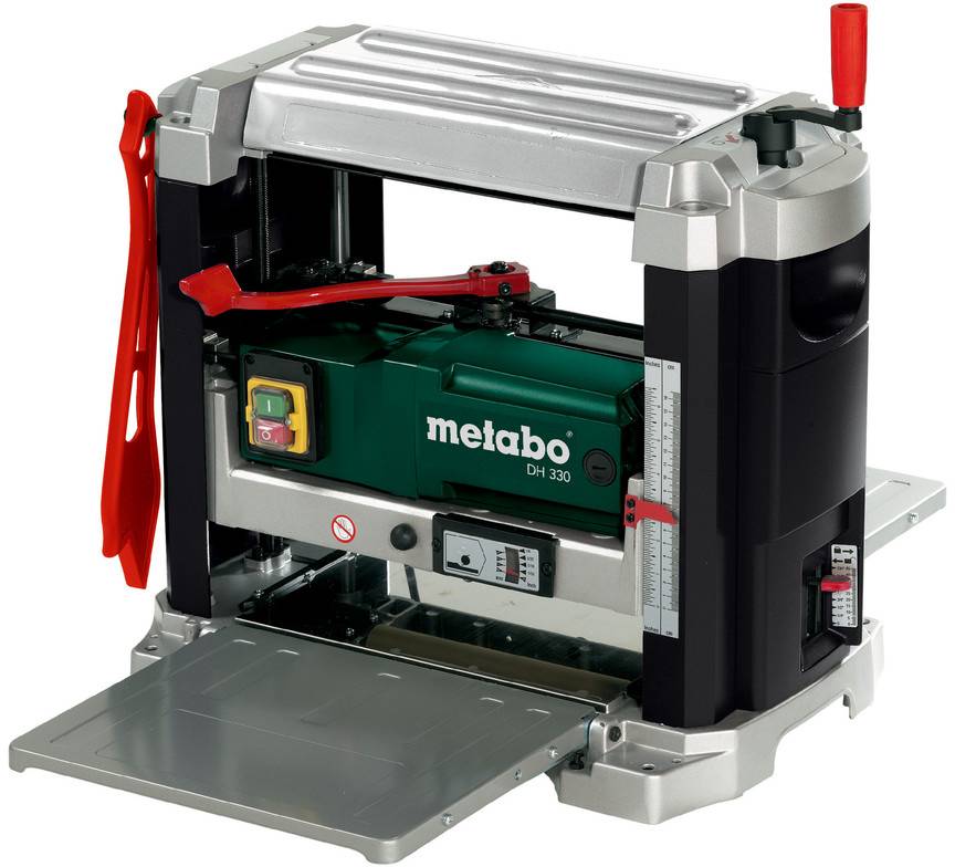 Metabo DH 330 Dickenhobel mit hochklappbarem Eingabetisch, Höhenskala und rotem Verstellkurbel.