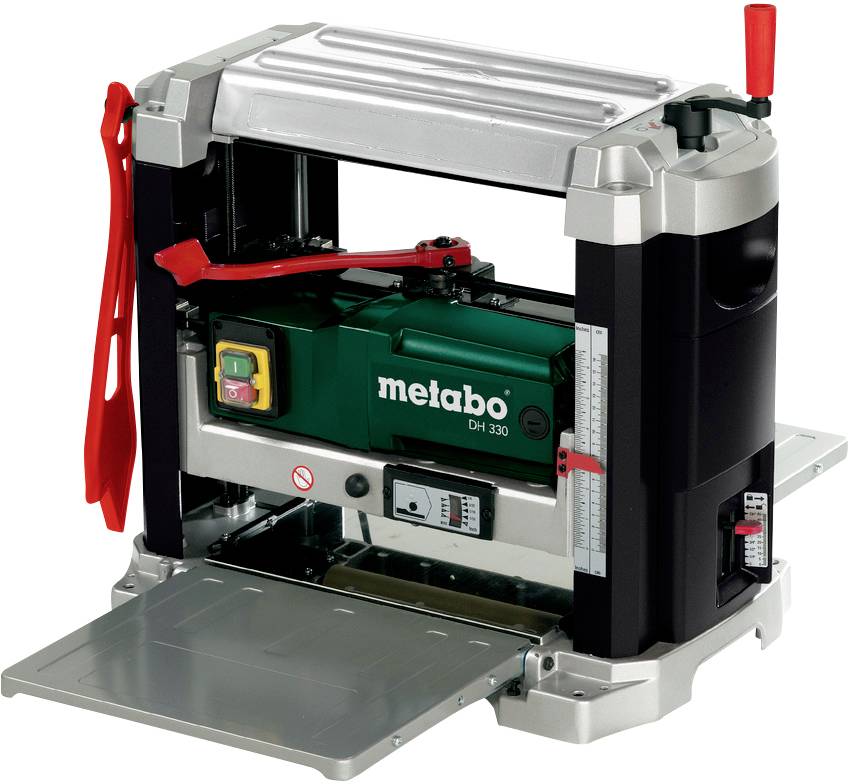 'Metabo DH 330 Hobelmaschine' mit silbernem Gehäuse und grünem Inneren. Enthält rote Hebel und Sicherheitsknöpfe zur Bedienung.