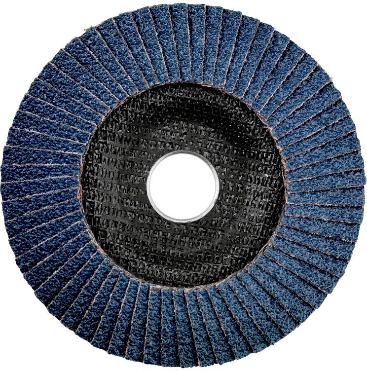 Bild einer runden Schleifscheibe mit radial angeordneten Lamellen aus blauem Schleifmaterial. Geeignet zum Schleifen von Metalloberflächen.