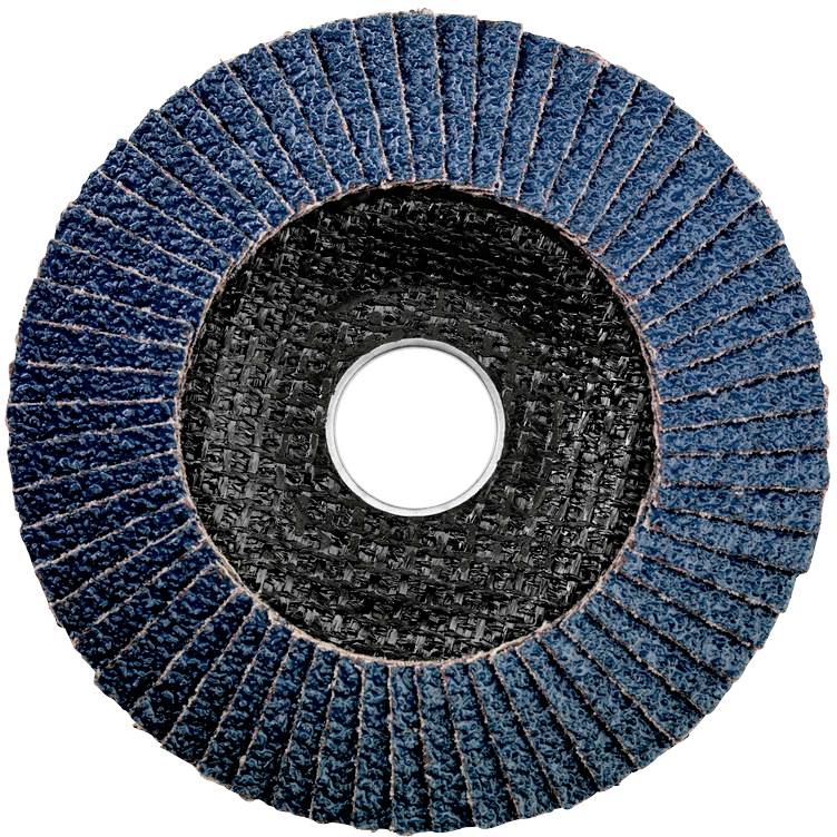 Ein Schleifmopteller mit radial angeordneten Schleiflamellen aus Schleifmaterial, zentriert um eine Befestigungsöffnung.