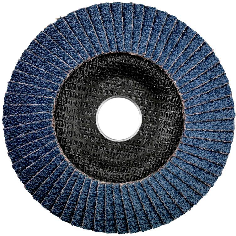 Schleifscheibe mit blauen Lamellen um eine zentrale Öffnung. Verwendet zum Schleifen oder Polieren von Oberflächen.