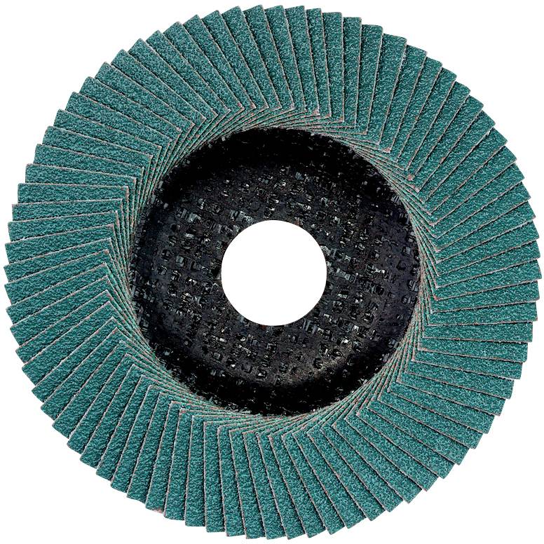 Ein Schleifscheibe mit vielen überlappenden, grünen Lamellen, die sich spiralförmig um ein zentrales Loch anordnen.