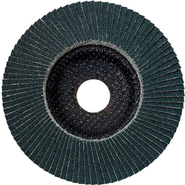 Schleifmoppscheibe mit radial angeordneten Schleiflamellen um ein zentrales Loch, zur Metallbearbeitung.