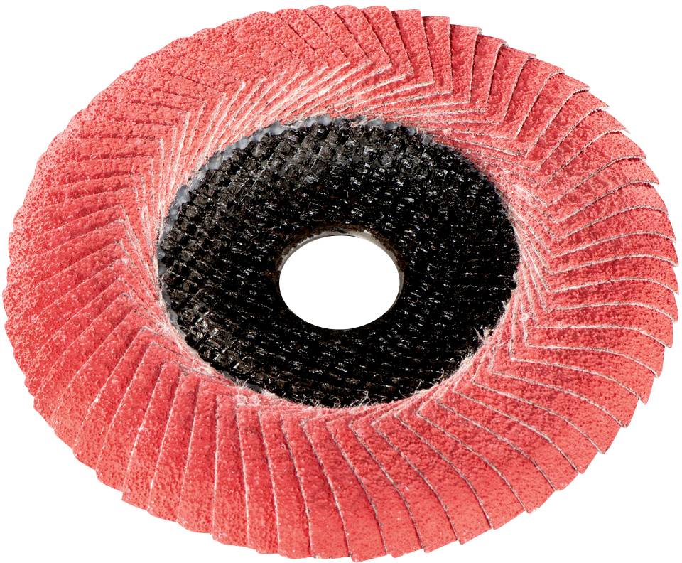 Schleifscheibe mit rotem Schleifpapier und schwarzem Zentrum, hauptsächlich verwendet zum Schleifen von Metallen und anderen Materialien.
