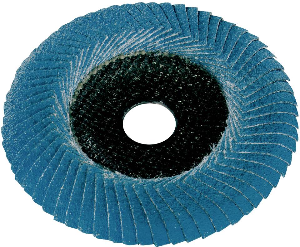Schleifscheibe mit mehreren überlappenden Lamellen in blauer Farbe. Zentral ist ein schwarzes, rundes Loch sichtbar.