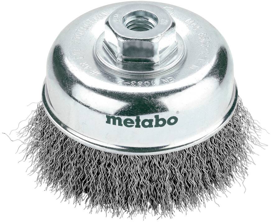 Metabo Drahtschleifbürste mit Gewinde-Metallzentrum für einen Schleifer, gezeigt auf weißem Hintergrund.