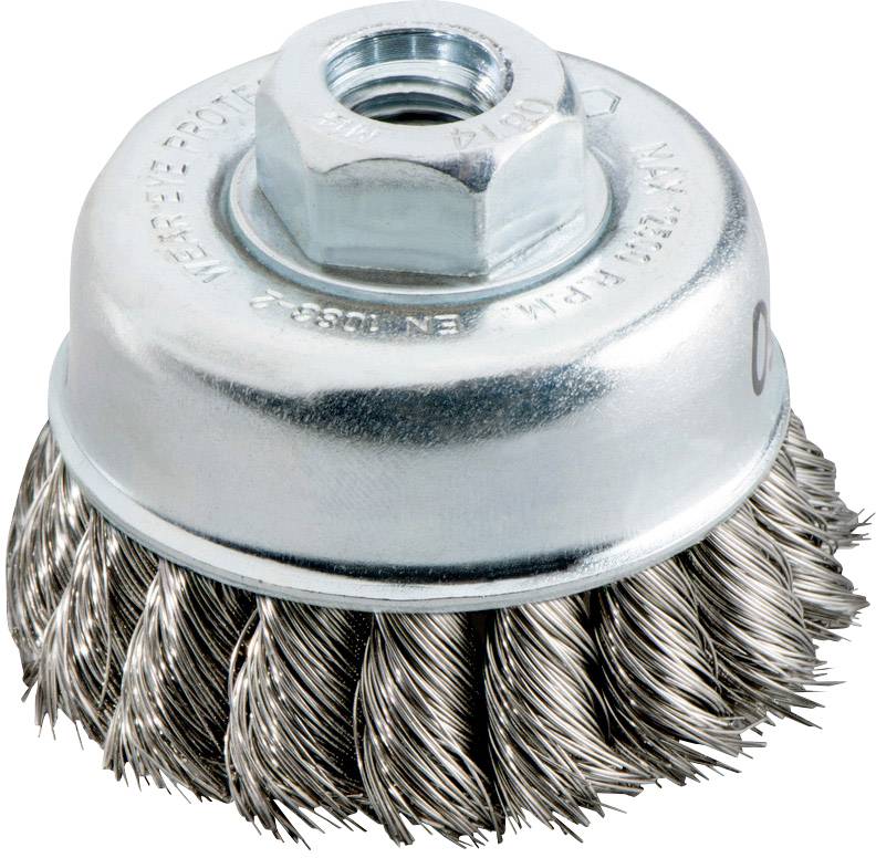 Eine runde Drahtbürste, montiert in einem Metallgehäuse mit sechskantiger Schraube, geeignet zur Reinigung von Oberflächen.