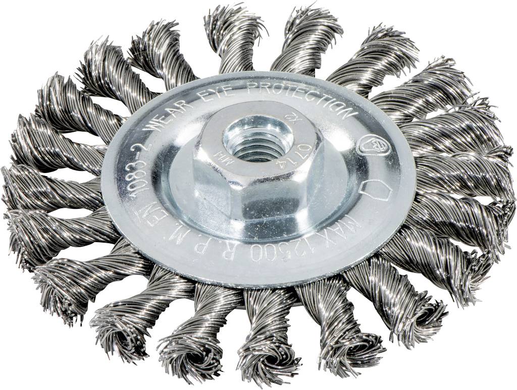 Kreisförmige Drahtbürsten-Schleifscheibe mit einer Metallmutterscheibe in der Mitte, die zum Reinigen, Entgraten oder Entrosten von Werkzeugen und Oberflächen verwendet wird.