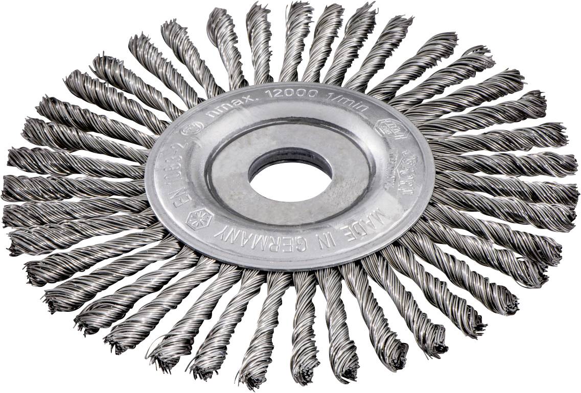 Zirkuläre Schleifbürste aus verdrehtem Draht mit metallischer Mittelnabe, auf weißem Hintergrund dargestellt.