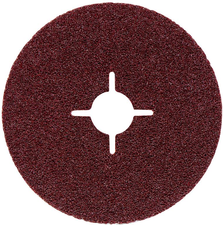 Ein rotbrauner Schleifaufsatz mit mittigem Befestigungsloch und schlitzförmigen Ausschnitten, ideal für Metallschleifarbeiten.