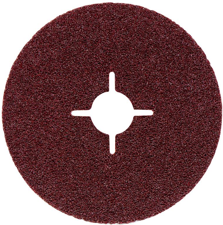 Schleifscheibe mit runder, rötlich-brauner Oberfläche und einem kreisförmigen Loch in der Mitte, oft genutzt zum Abschleifen.