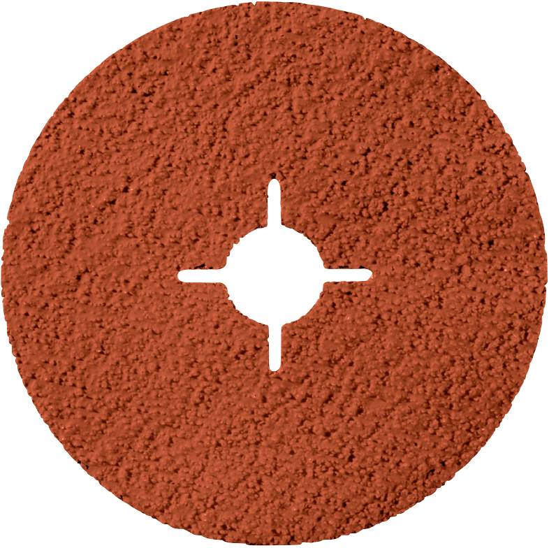 Eine runde, rote Schleifscheibe mit einem kreuzförmigen Loch in der Mitte, geeignet für Schleifarbeiten an Metalloberflächen.